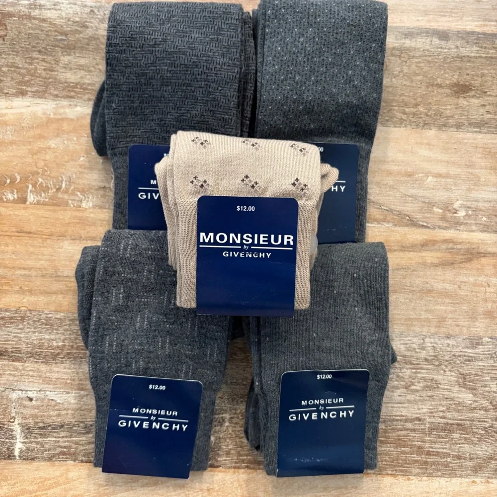 Monsieur by Givenchy Mens Dress Socks 5 Pair Bundle Gray Beige Size 10-13 VTG